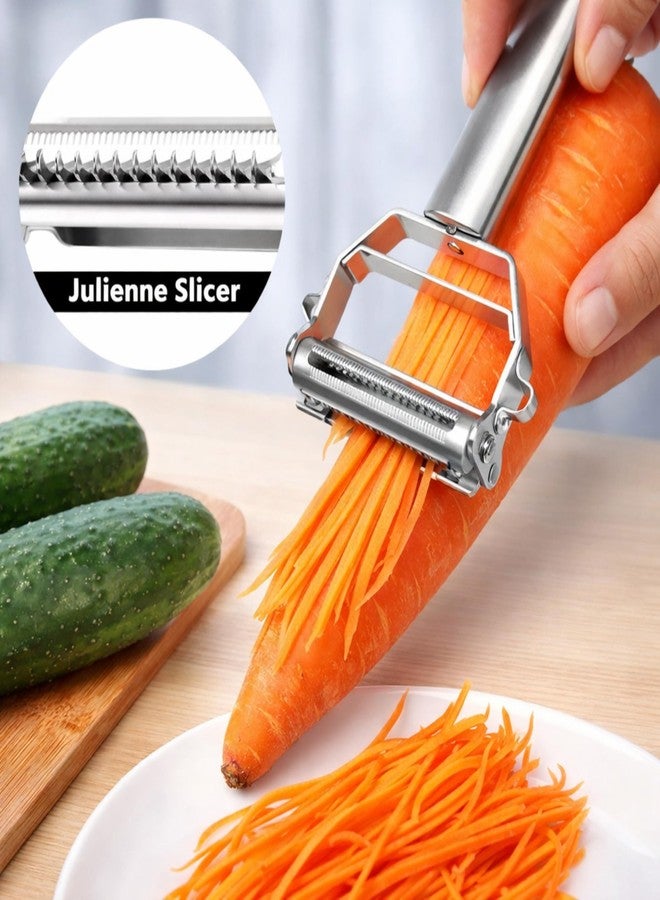 كلاود فالي مقشرة خضراوات 3 في 1 للفواكه والخضراوات، مقشرة مطبخ متعددة الأغراض من الفولاذ المقاوم للصدأ مع مبشرة جوليان، قطاعة شرائح، ومبشرة، قطاعة خضراوات يدوية فائقة الحدة ومقاومة للصدأ - كلاود فالي - Image 2